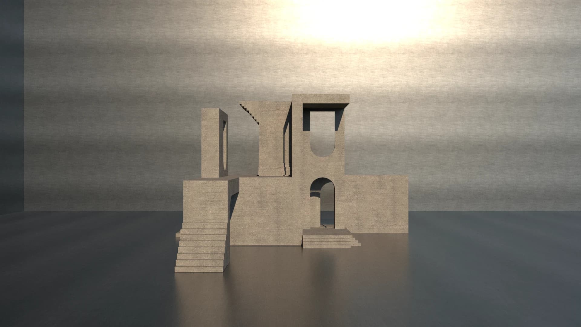 A stepped concrete pavilion with tall arched openings in low sunlight