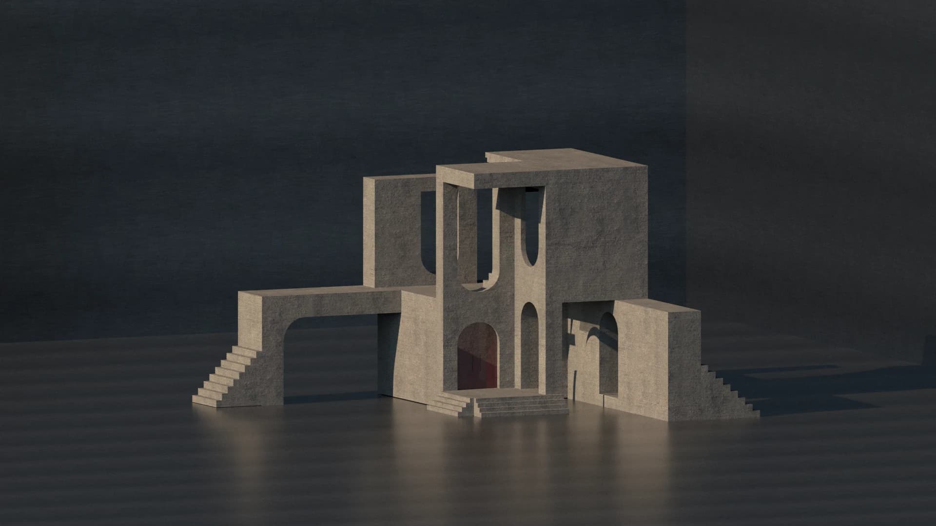 The arcade model showing stairs extending from a central tower