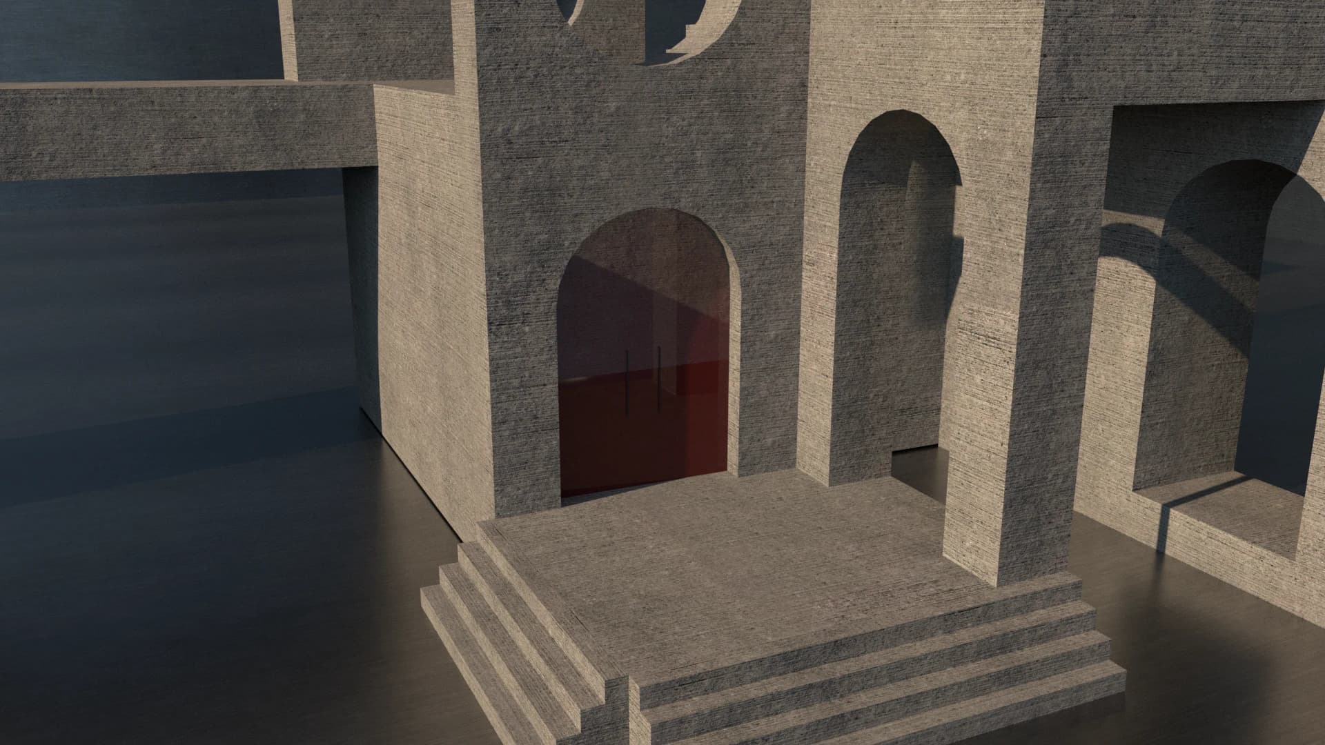 Close view of the arches and recessed red threshold