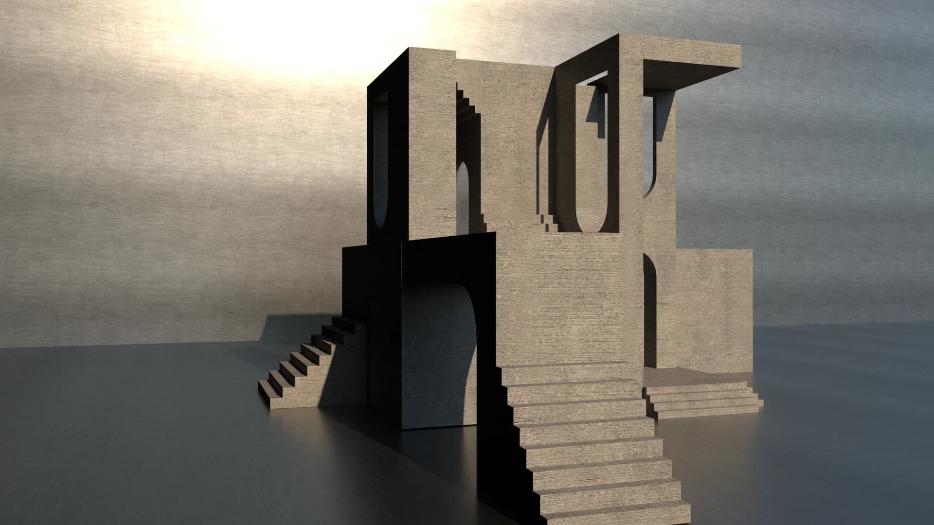 Light and shadow across the stairs and elevated platforms