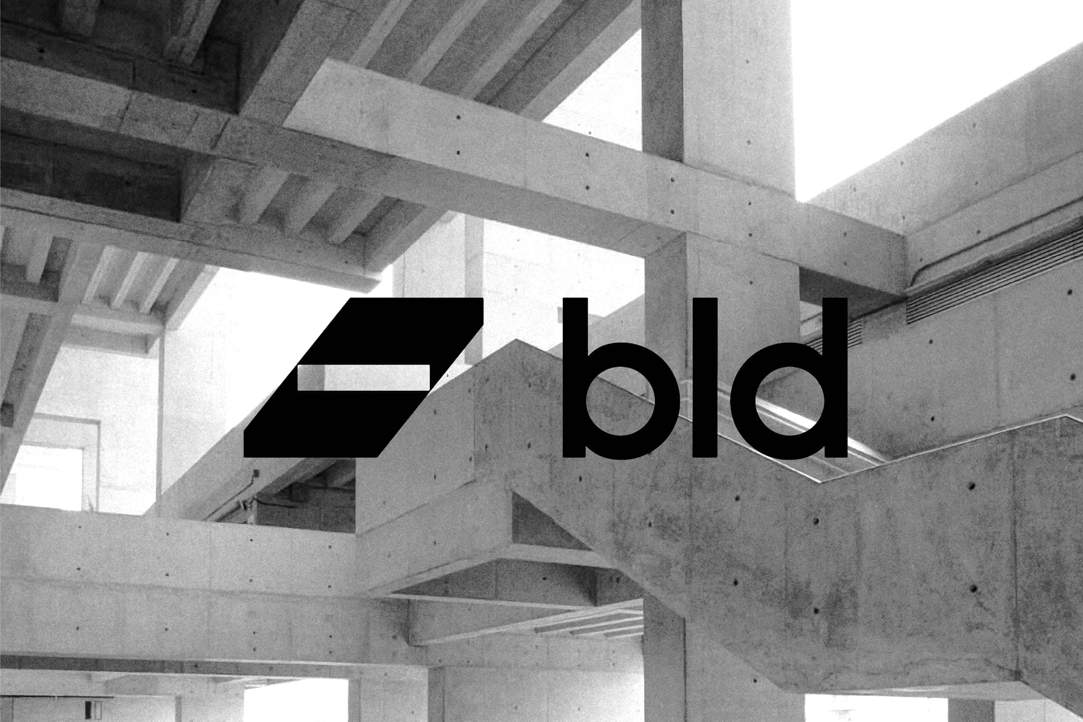 BLD black geometric emblem and lowercase wordmark over concrete architectural photography