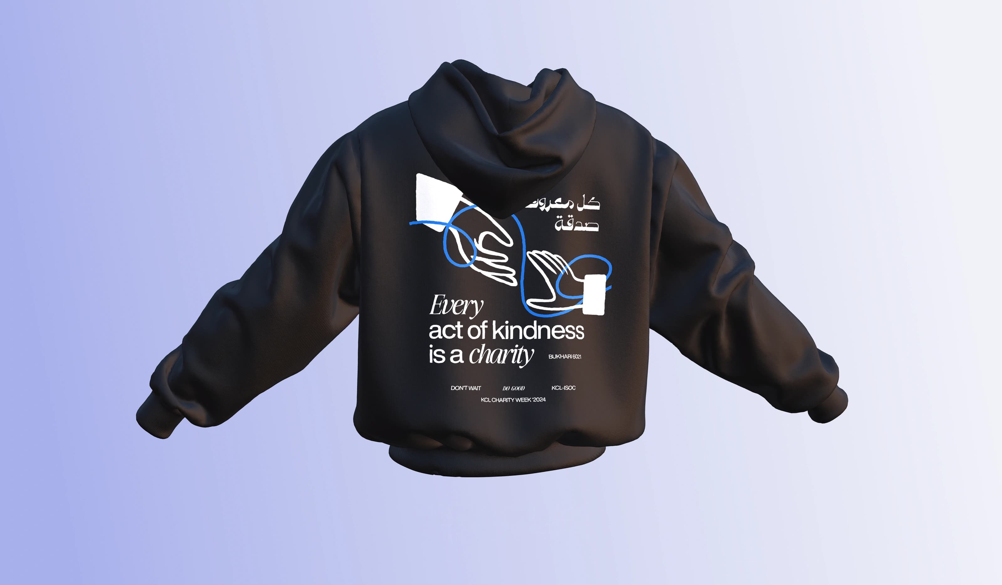 Black hoodie mockup showing the Acts of Kindness hand illustration and bilingual Charity Week print