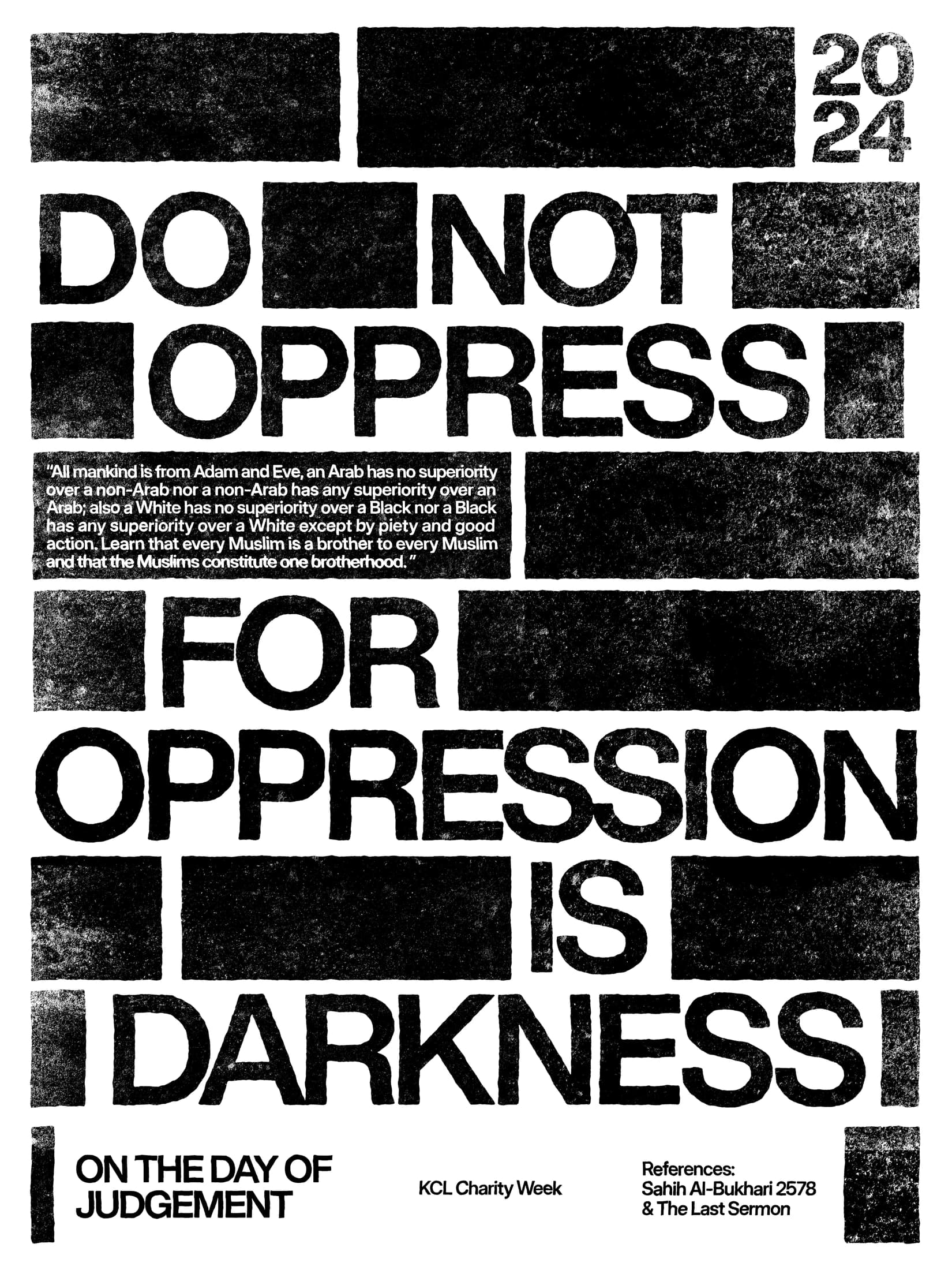 A monochrome Charity Week print artwork with stacked type and distressed texture