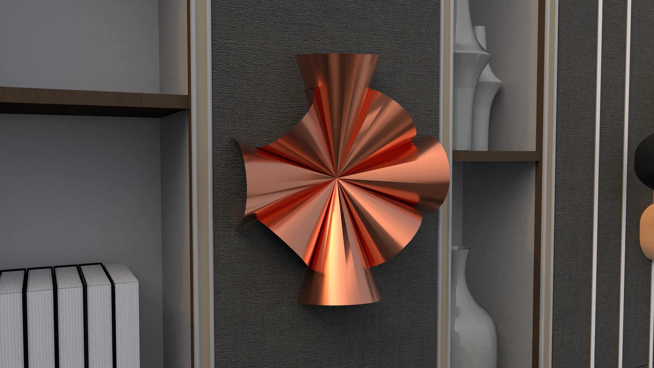 The folded radial light installed on a textured interior wall