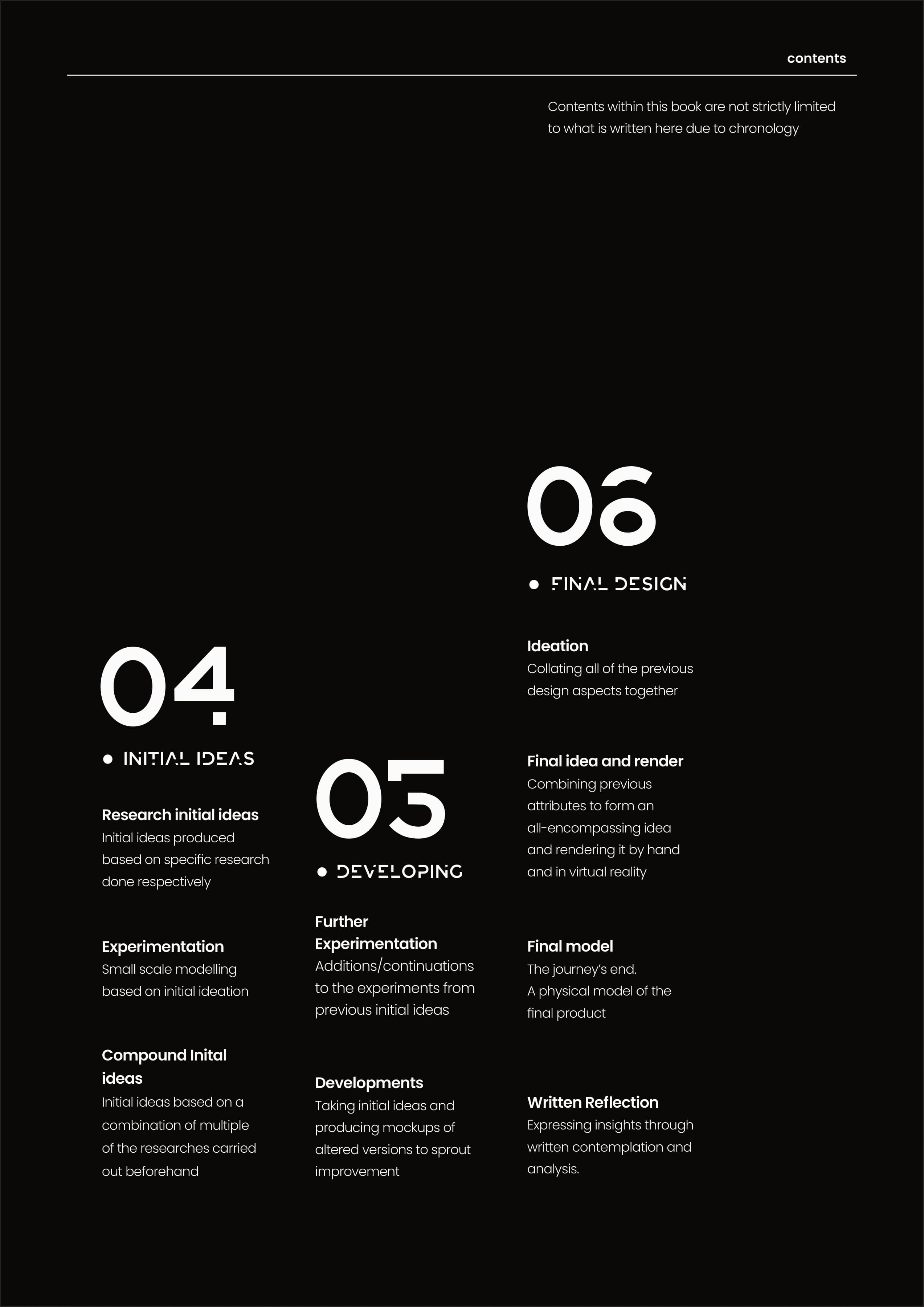 The second contents page mapping the later stages of the design investigation