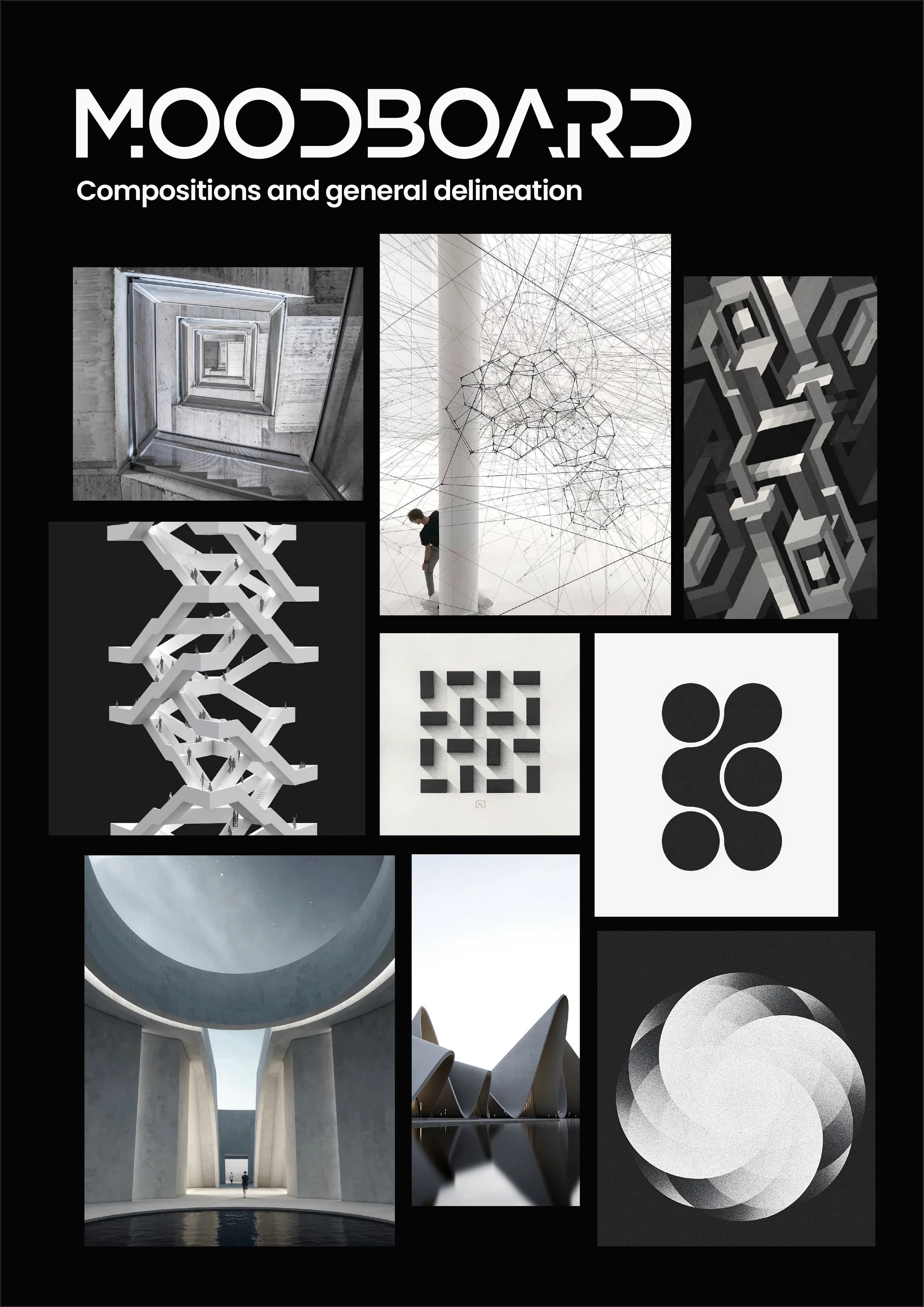 Architectural moodboard pairing geometric structures, material studies and sculptural forms