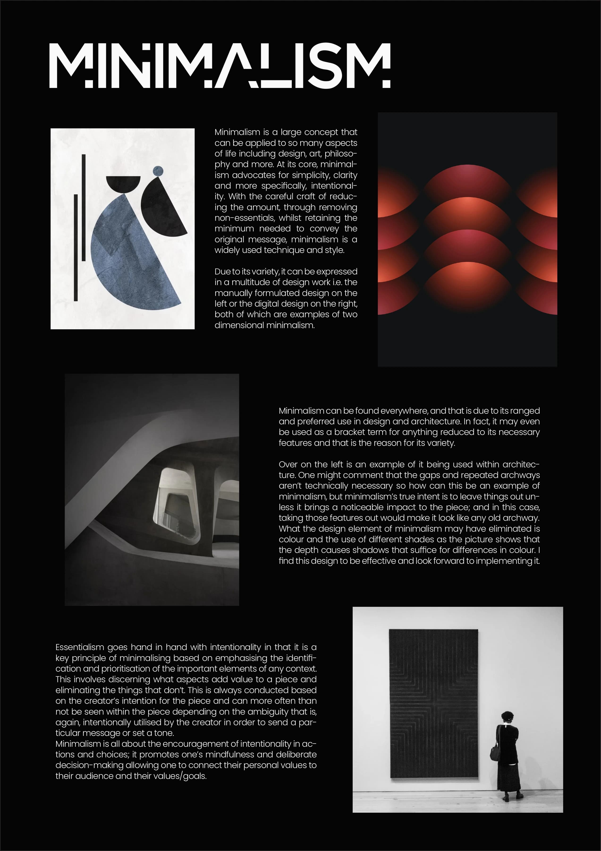 Minimalism research page combining architectural references and editorial analysis