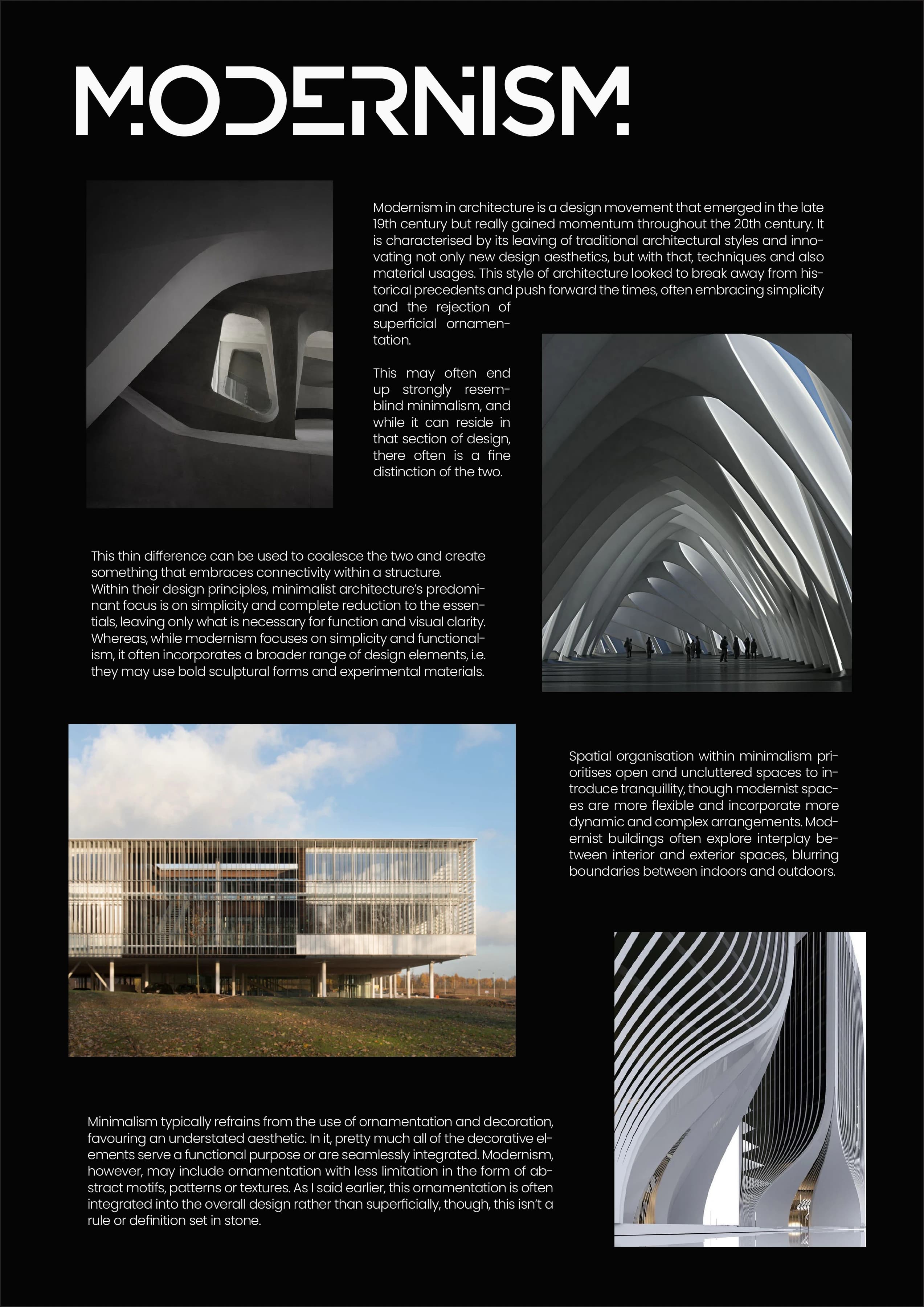 Modernism research page with architectural imagery and a structured typographic hierarchy
