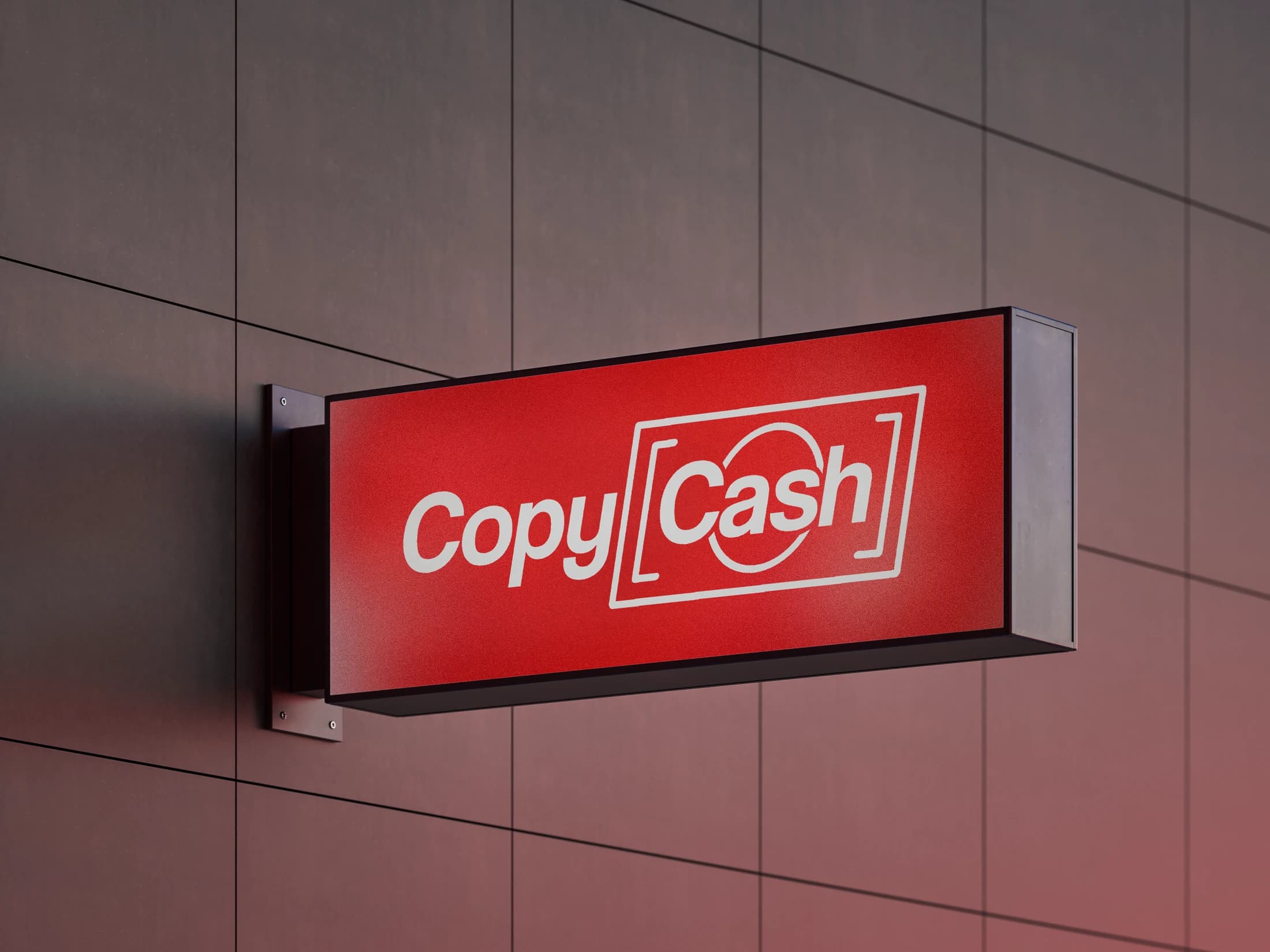 CopyCash signage concept on a red illuminated rectangular shop sign