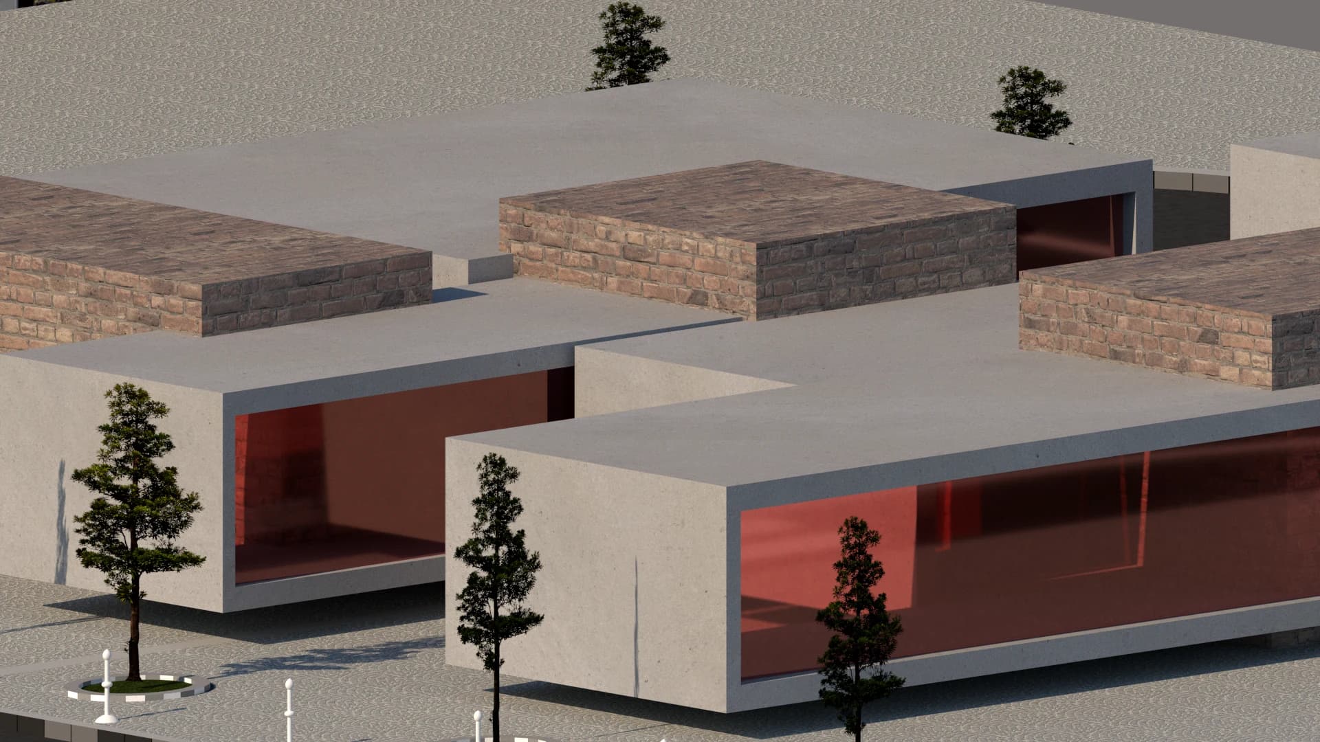 A street view showing red glazing and overhanging horizontal roofs