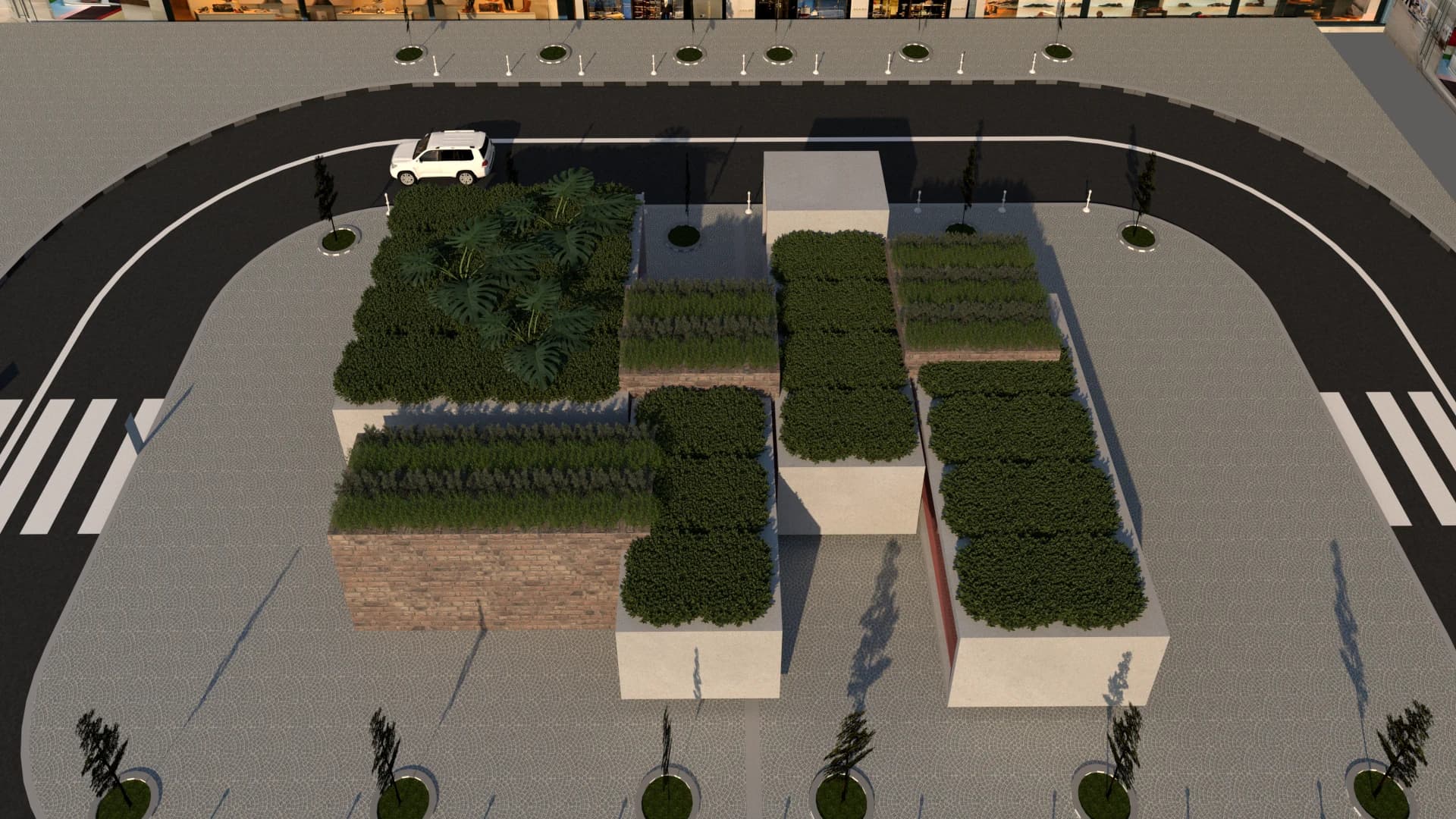 Aerial view of the courtyard layout and green roofs