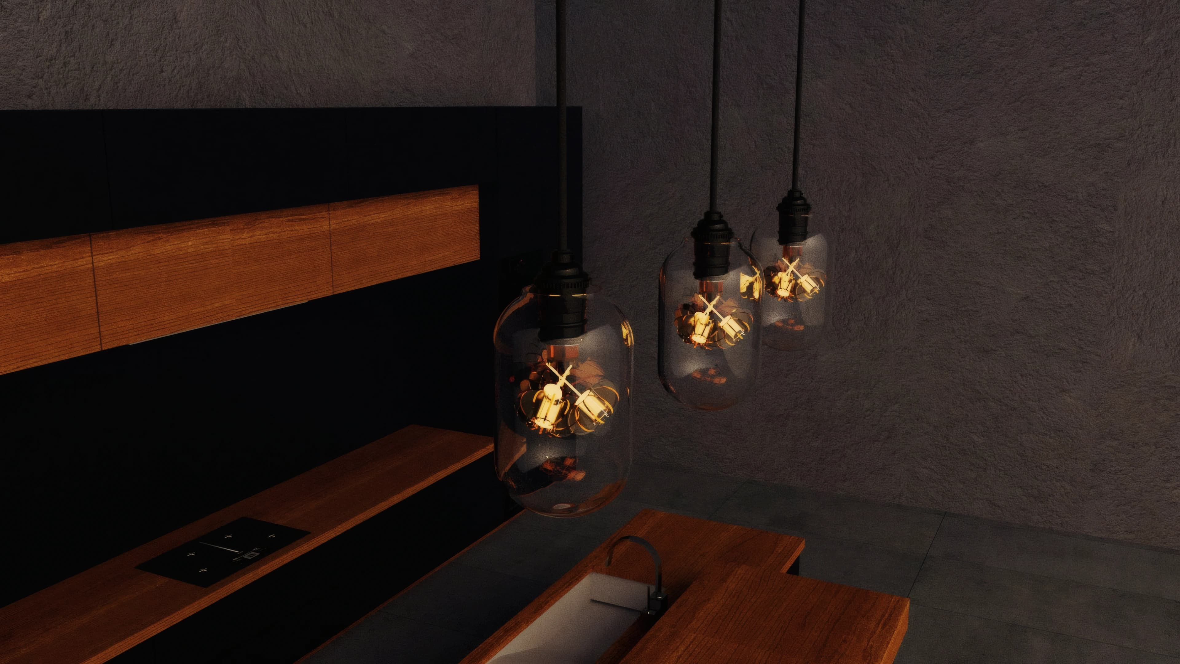 Filament pendants casting warm light across a dark interior