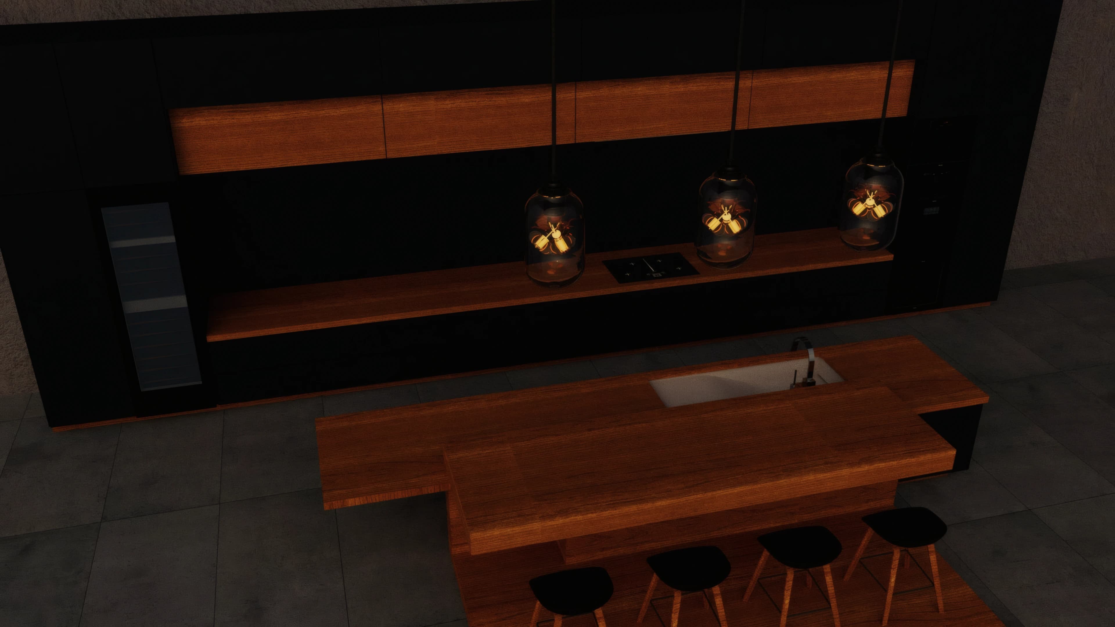 A wide overhead view of the pendants and dining room