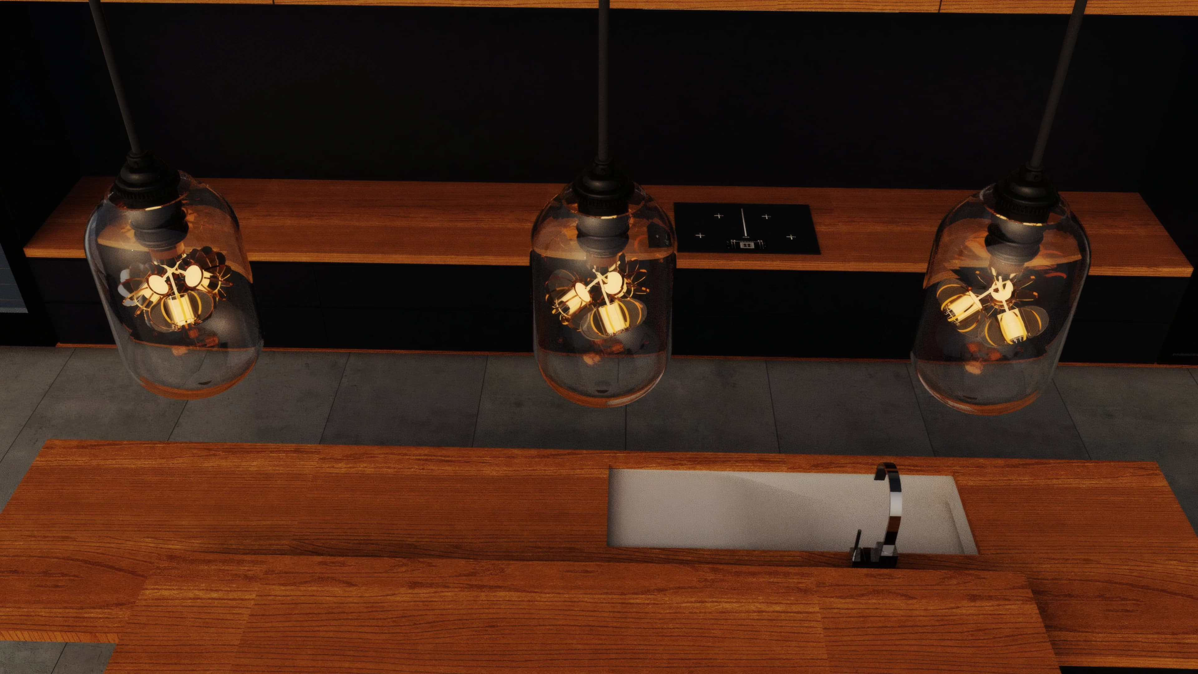 Three glass pendants above the timber dining table