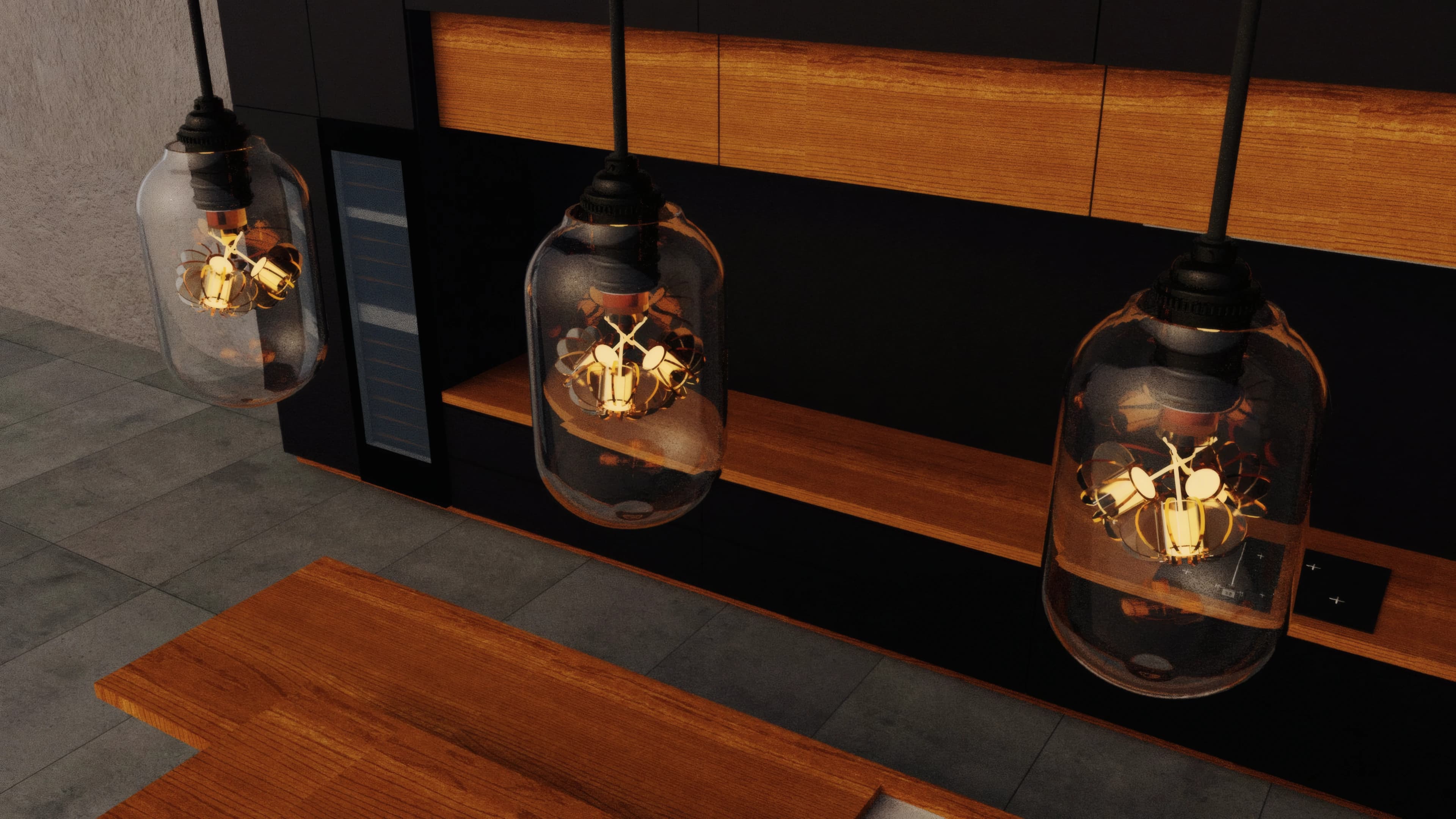 An oblique view along the row of illuminated pendants