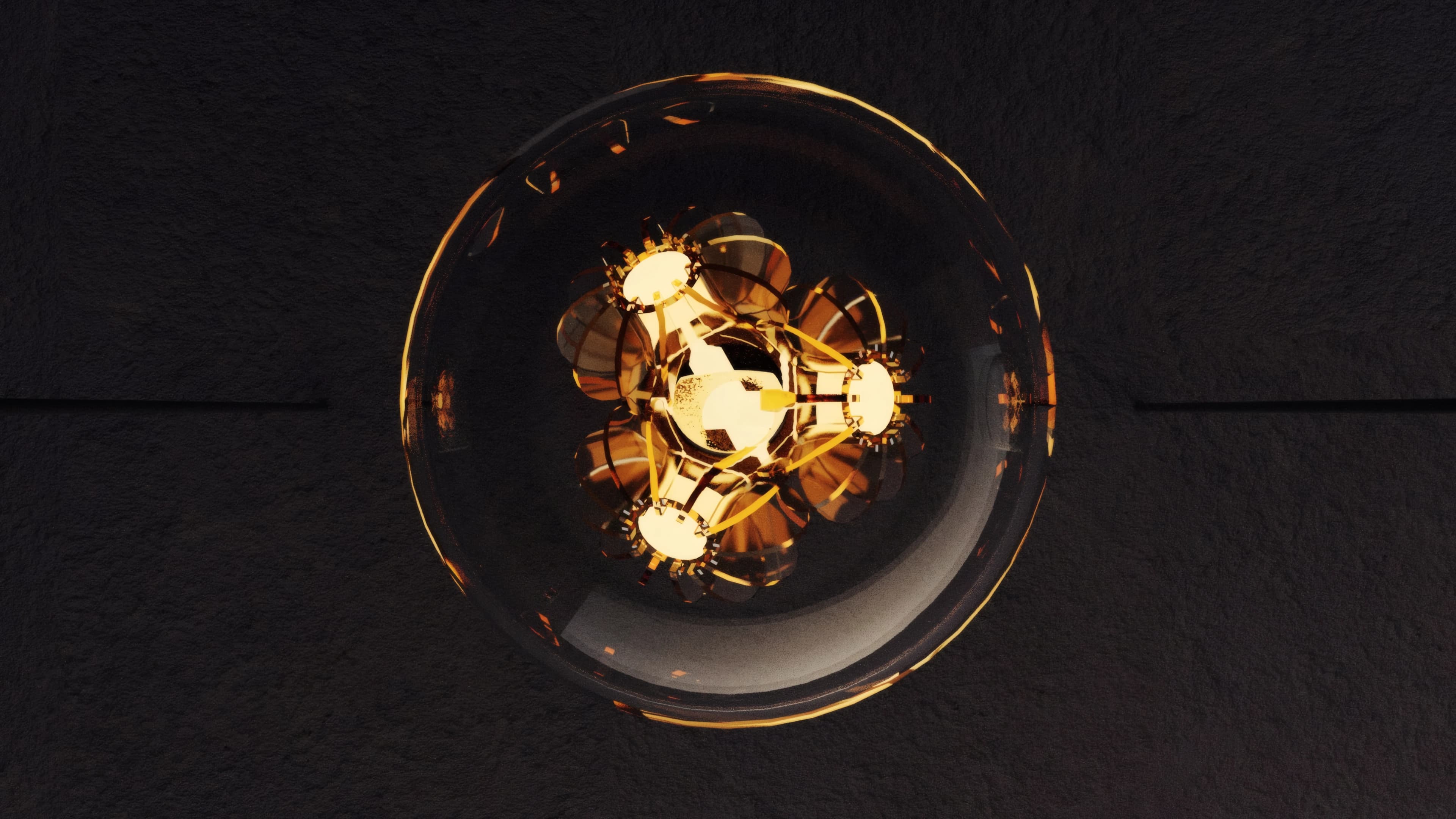 The illuminated folded geometry viewed through the base of the bulb