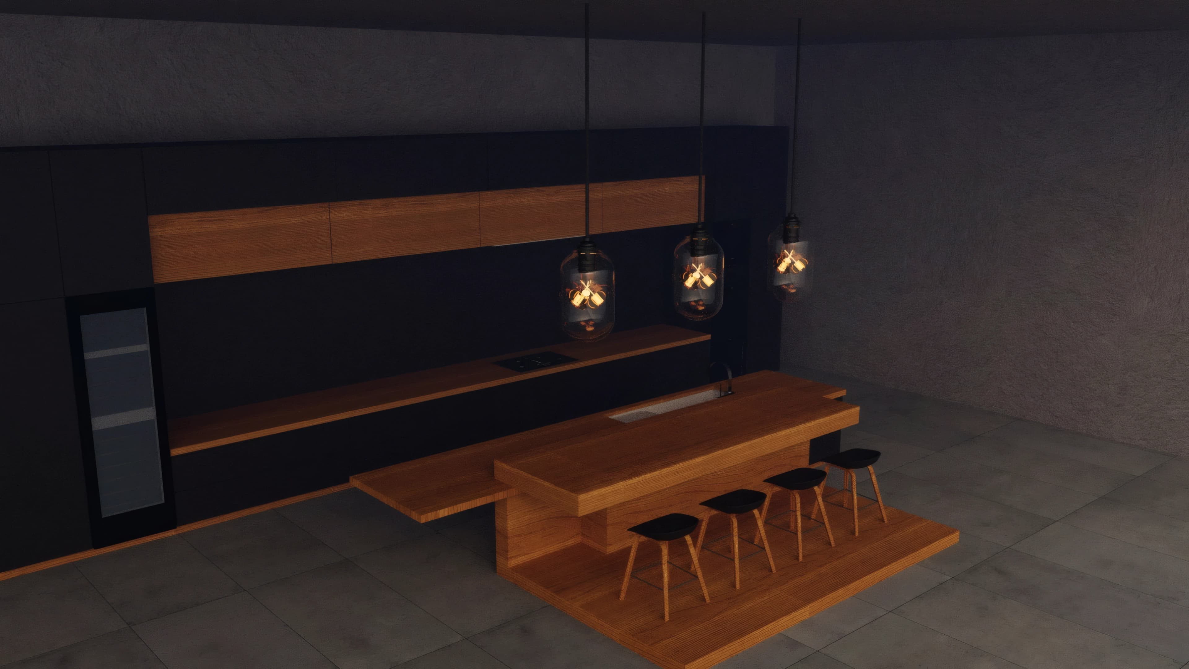 The complete dining installation with table, chairs and suspended lights
