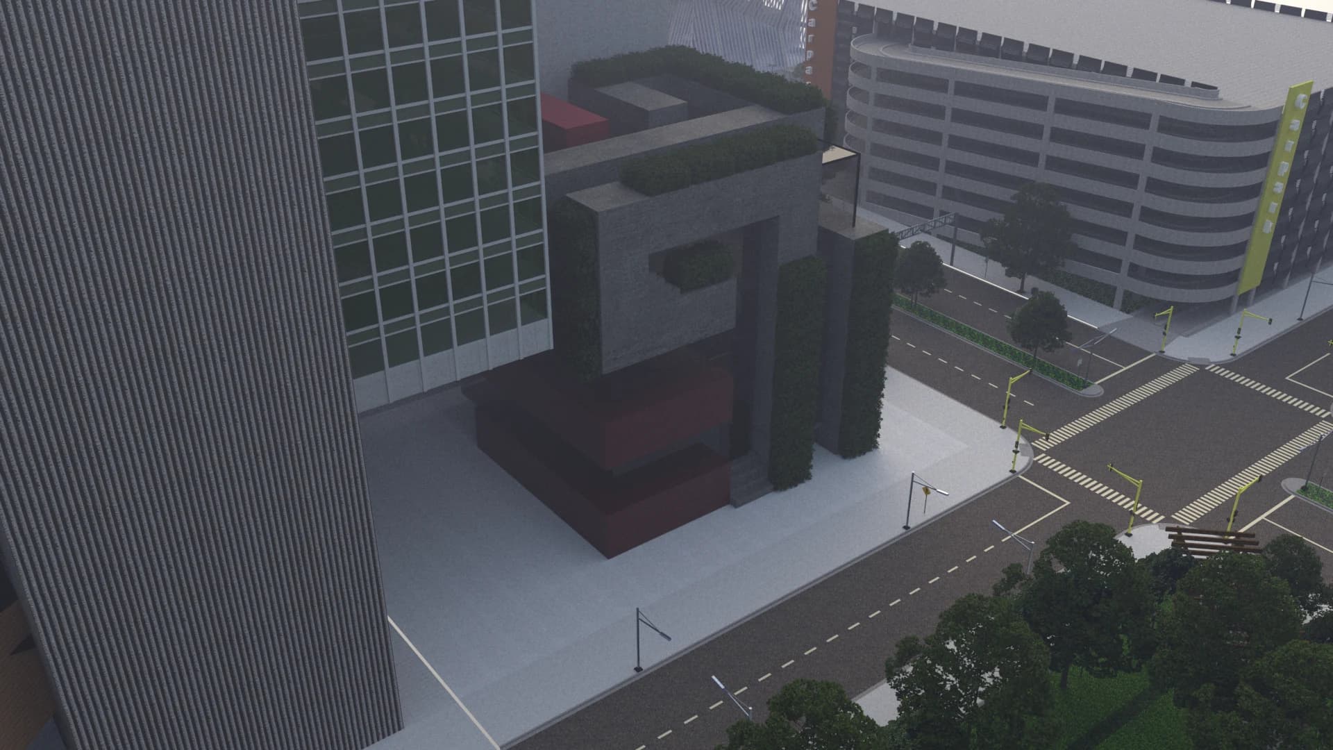 An interlocking concrete and red architectural concept placed in an urban block