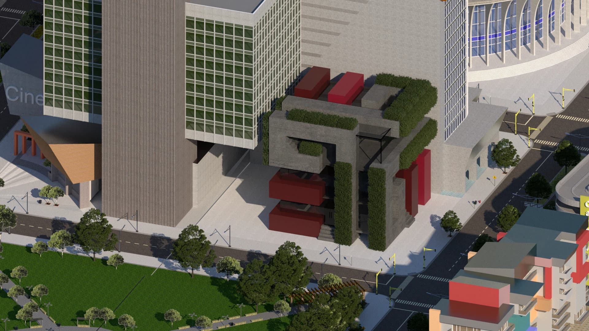 Elevated city view of the complete architectural concept