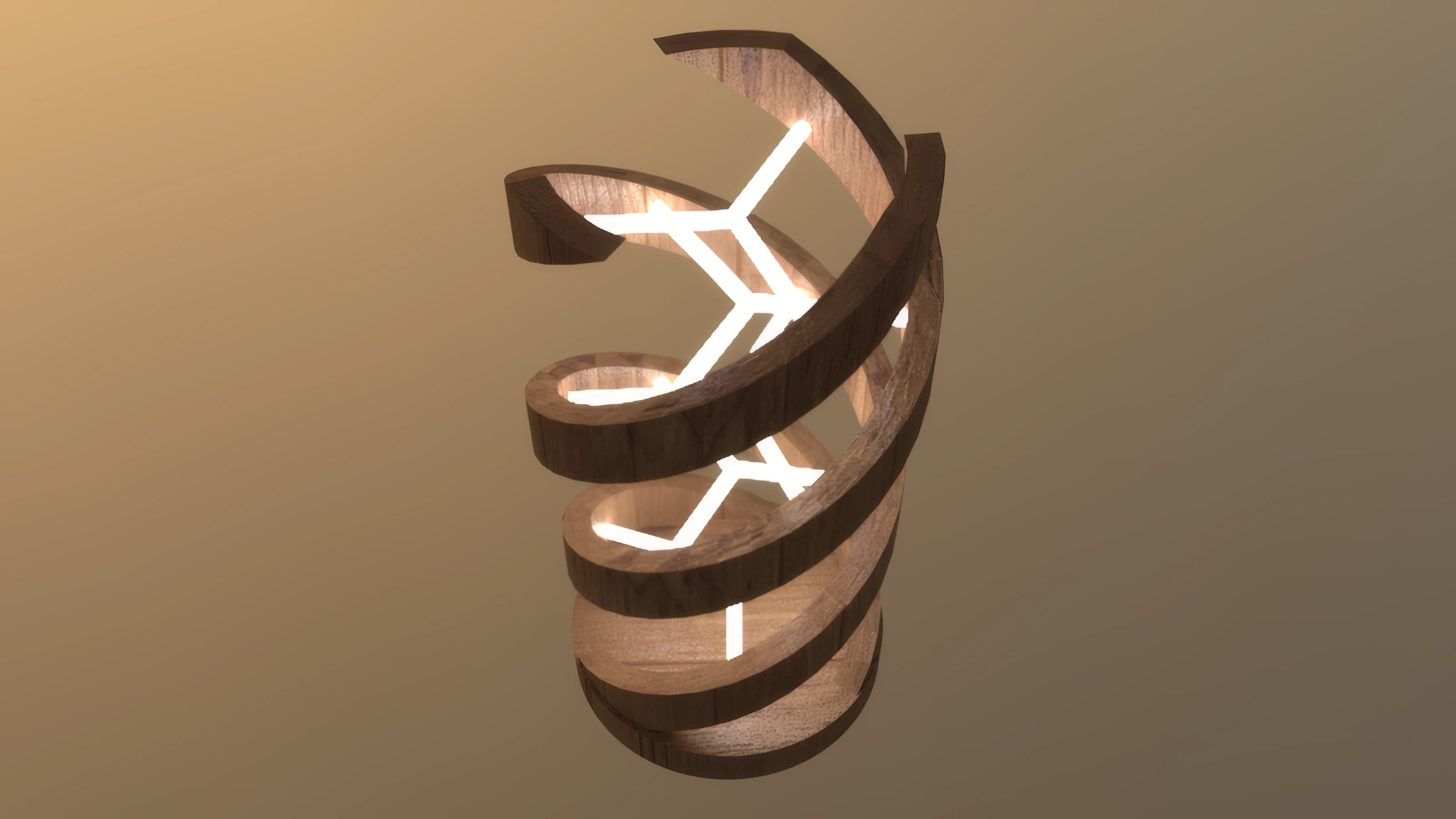 A timber helix wrapped around a branching white light source