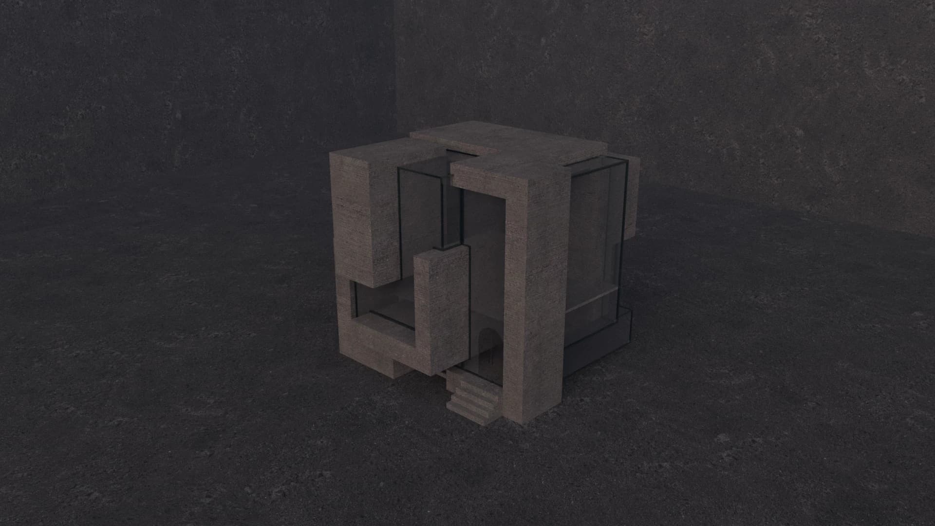 Intersecting concrete frames arranged around an open cubic centre