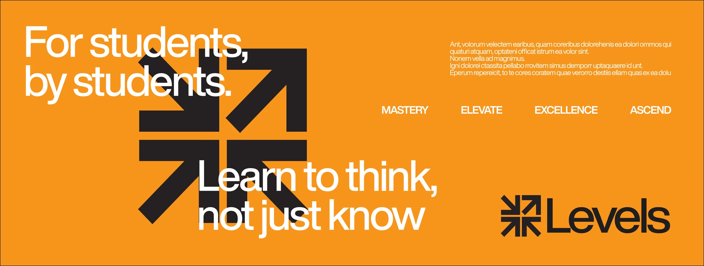 Orange Levels Tutoring banner reading ‘For students, by students’ and ‘Learn to think, not just know’