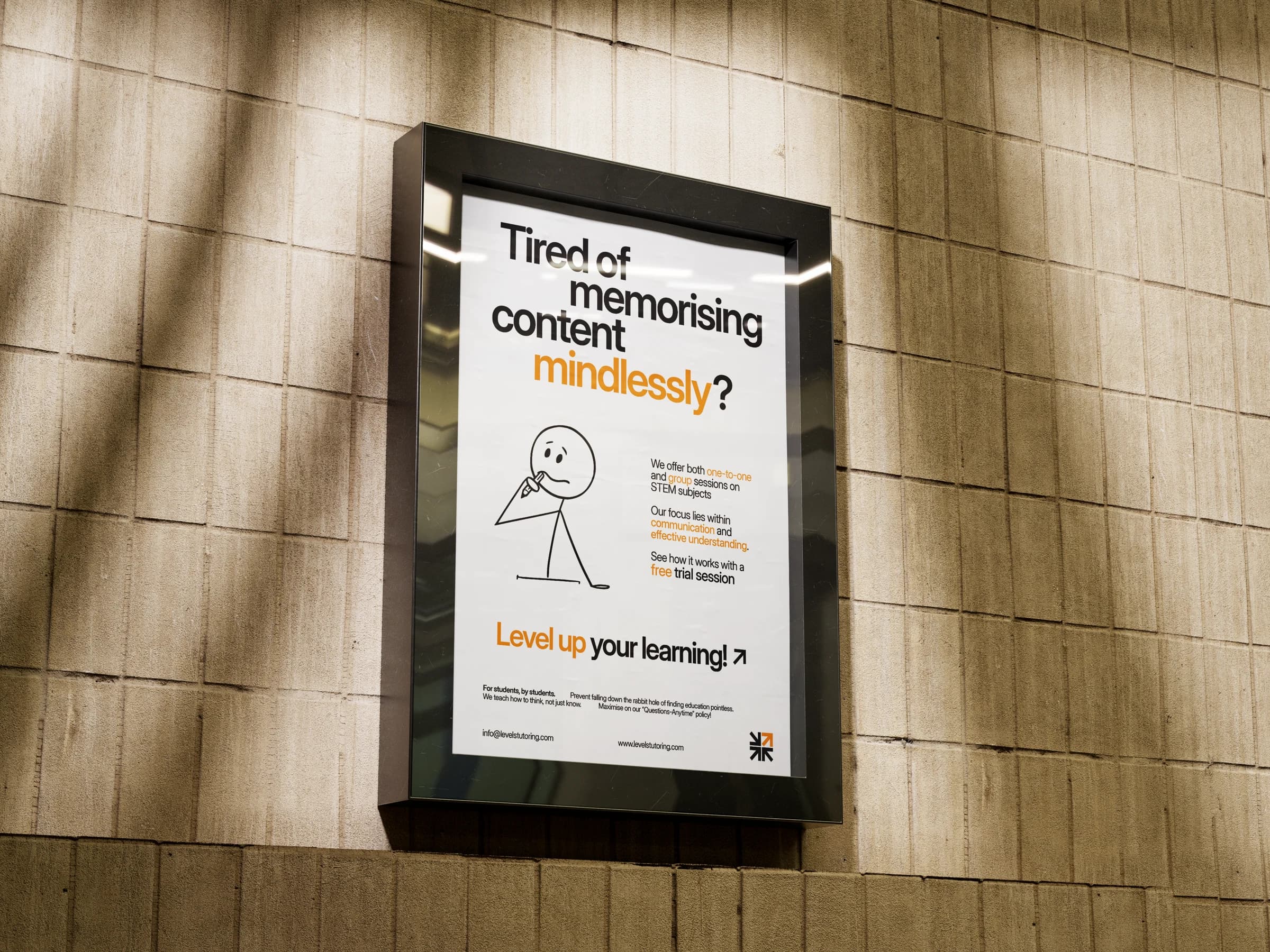 Presentation mockup of the Levels tutoring campaign poster in a wall-mounted frame