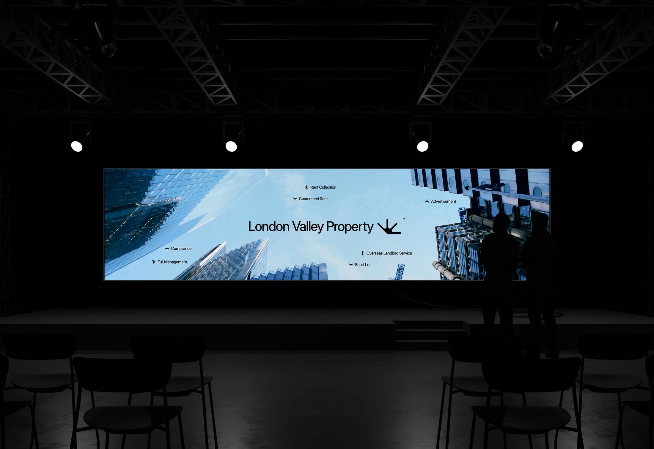 London Valley identity applied to a large conference presentation mockup