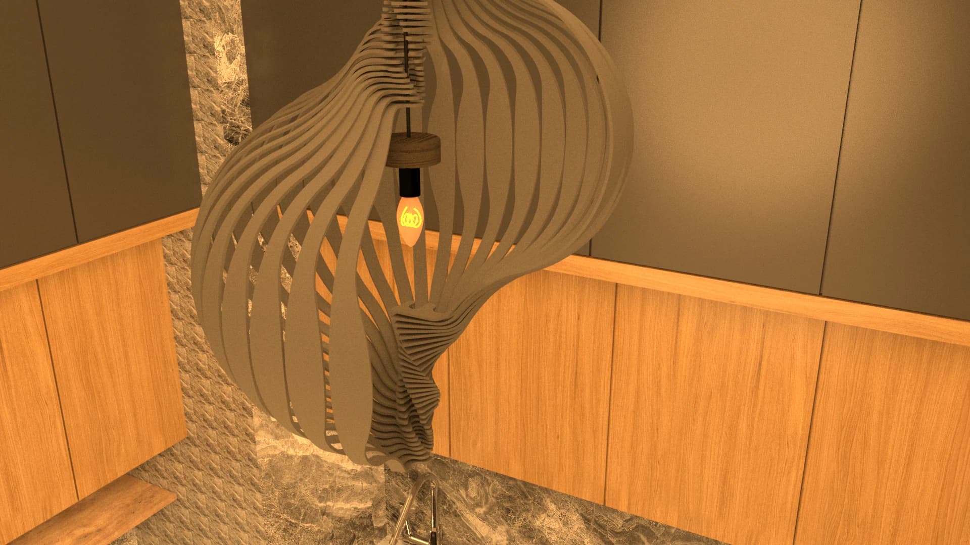 The sculptural pendant suspended above a timber dining table