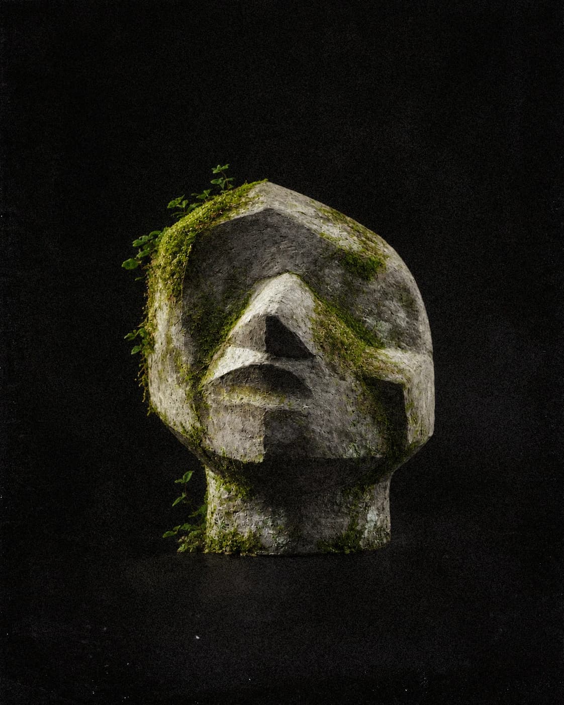 The moss-covered sculpted head isolated against a dark background with brighter green foliage