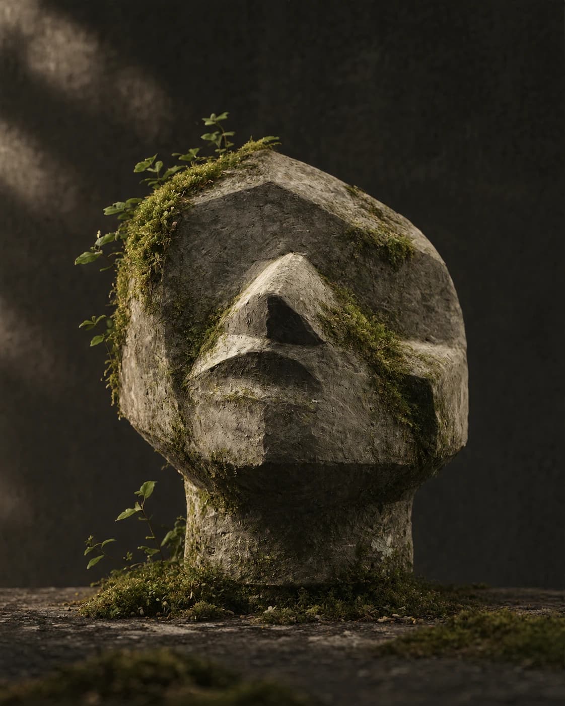 A weathered stone head covered with moss and small climbing plants in warm, soft light