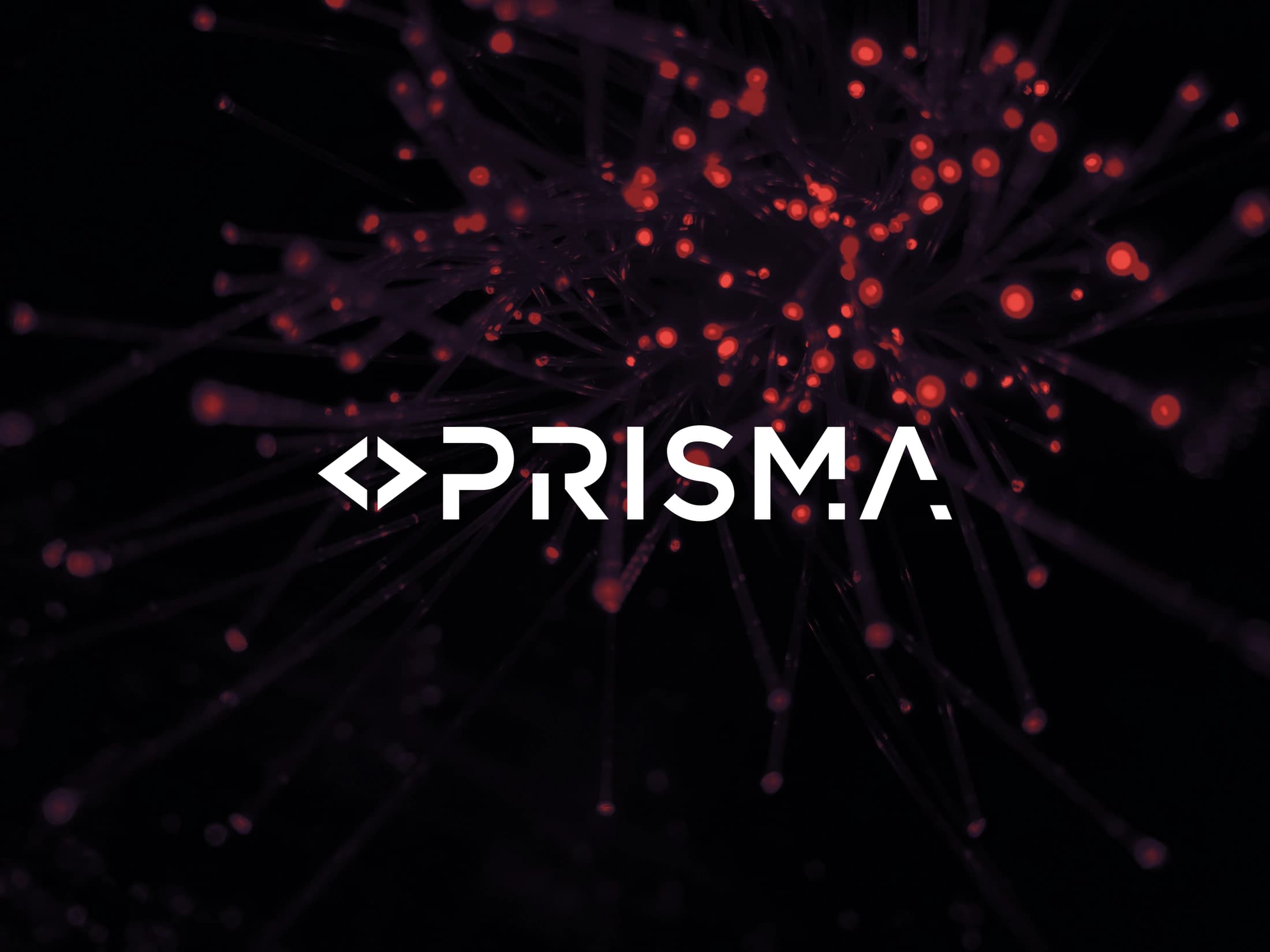 Prisma white angular wordmark and geometric symbol over a dark abstract red background