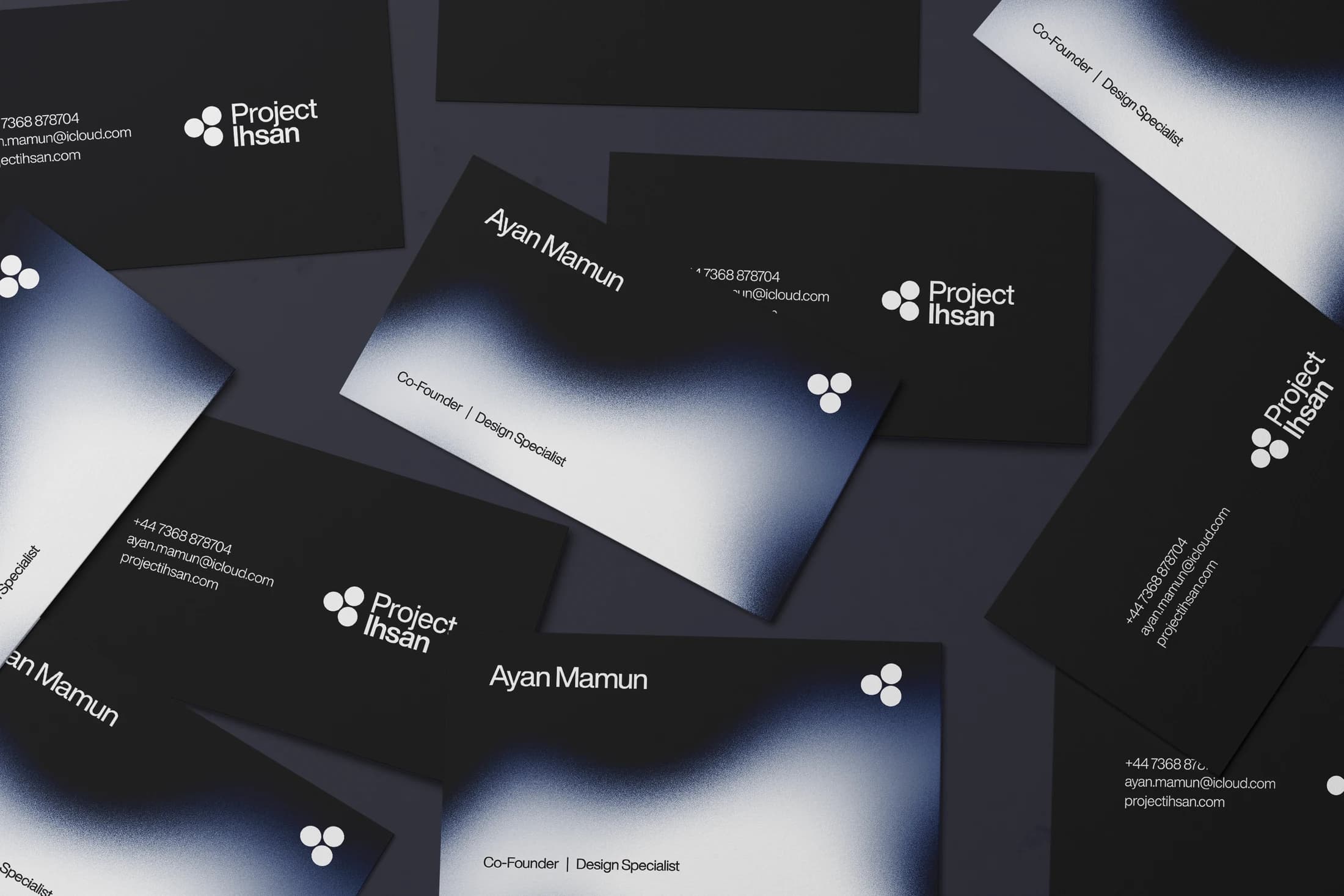 A spread of Project Ihsan business-card mockups showing a shared visual system