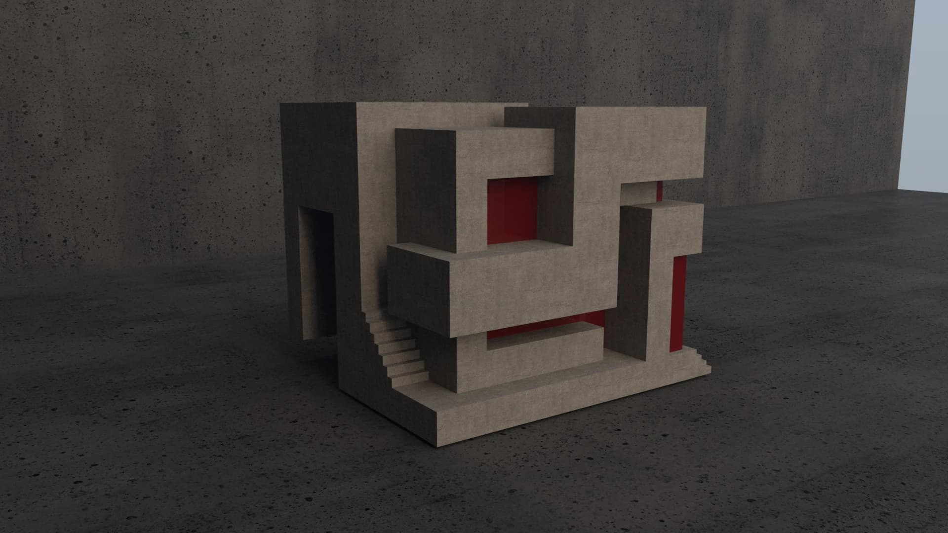 The building study viewed through overlapping concrete planes