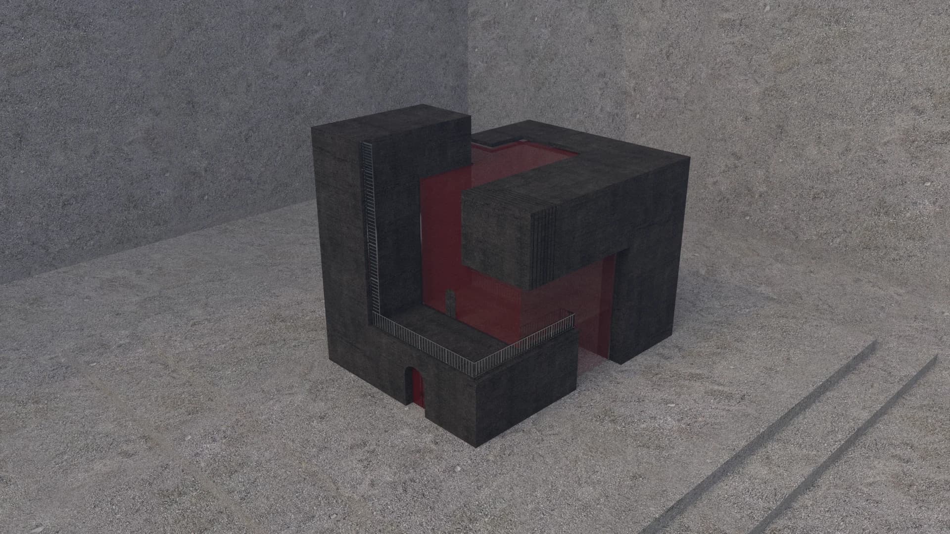 Dark interlocking concrete forms surrounding a continuous red recess