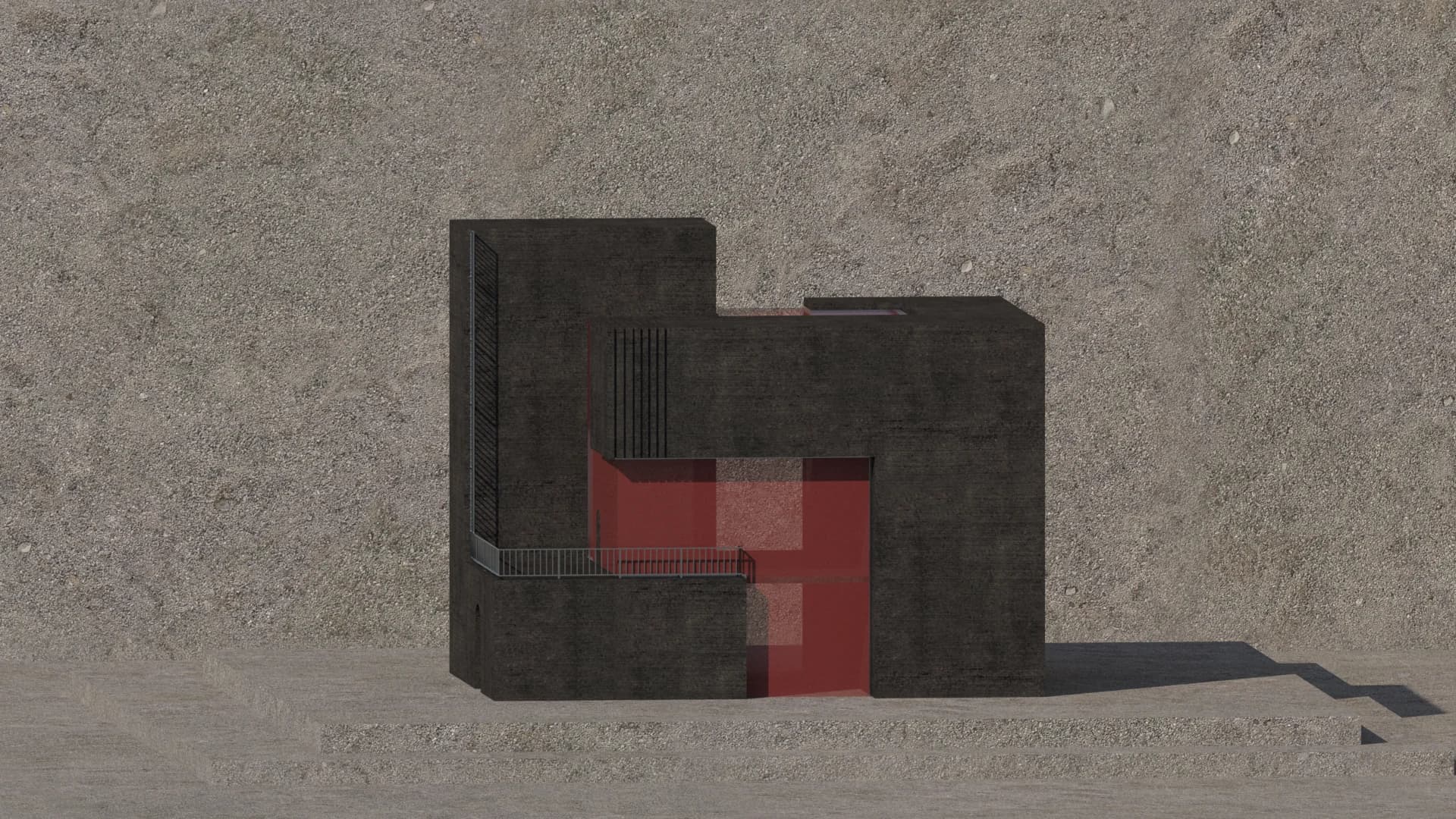 A frontal view tracing the red path through the charcoal mass