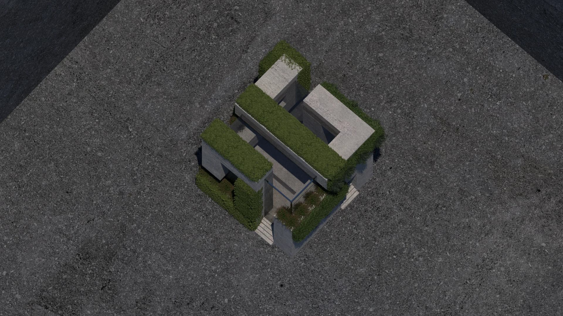 An elevated view of a compact architectural model with planted terraces and parallel roof bars