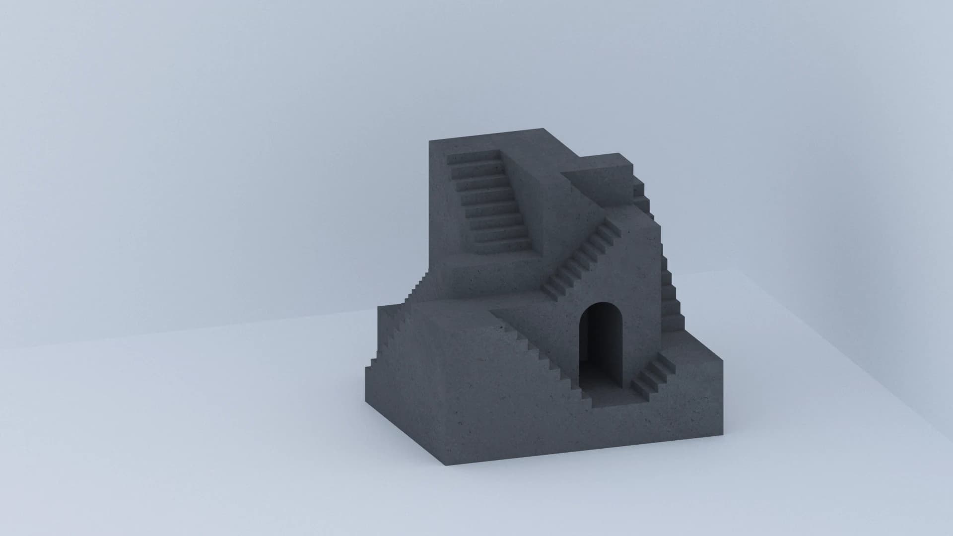 Elevated view of intersecting stairs and solid central walls