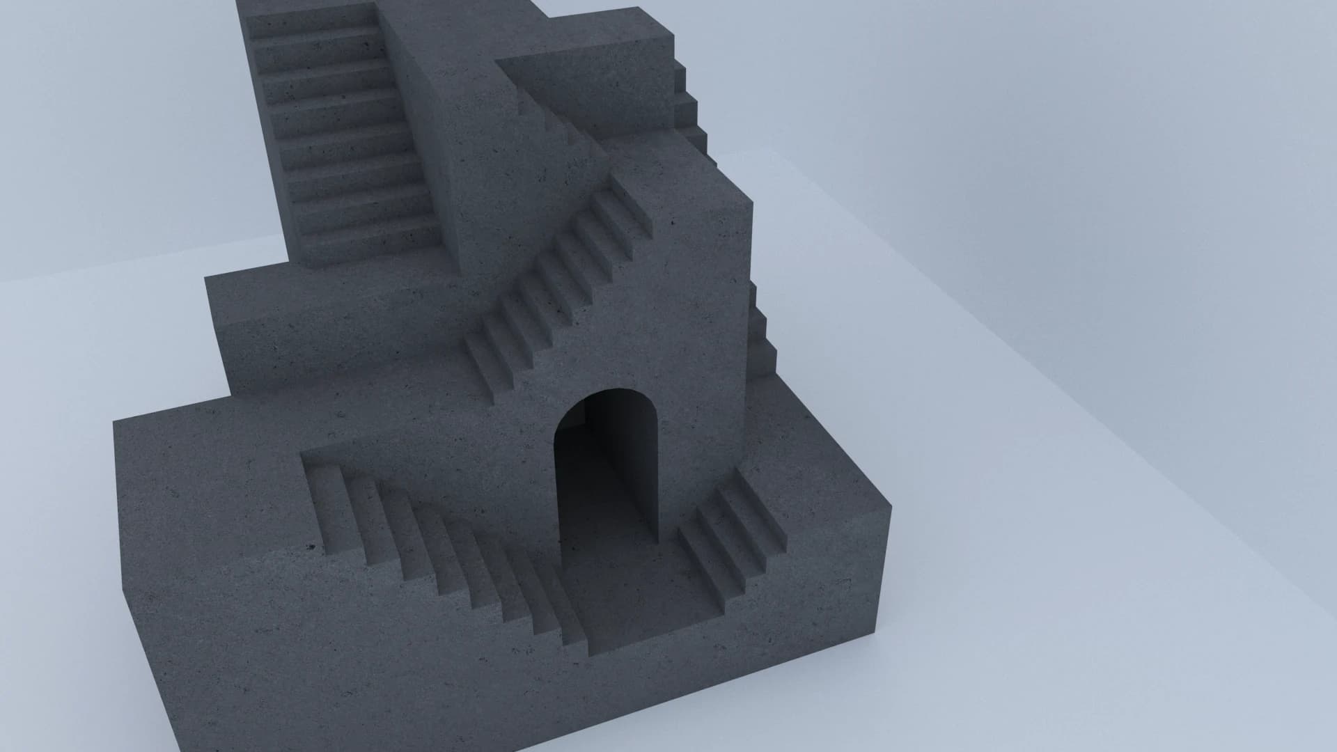 The stair model viewed from a corner to reveal contrasting routes
