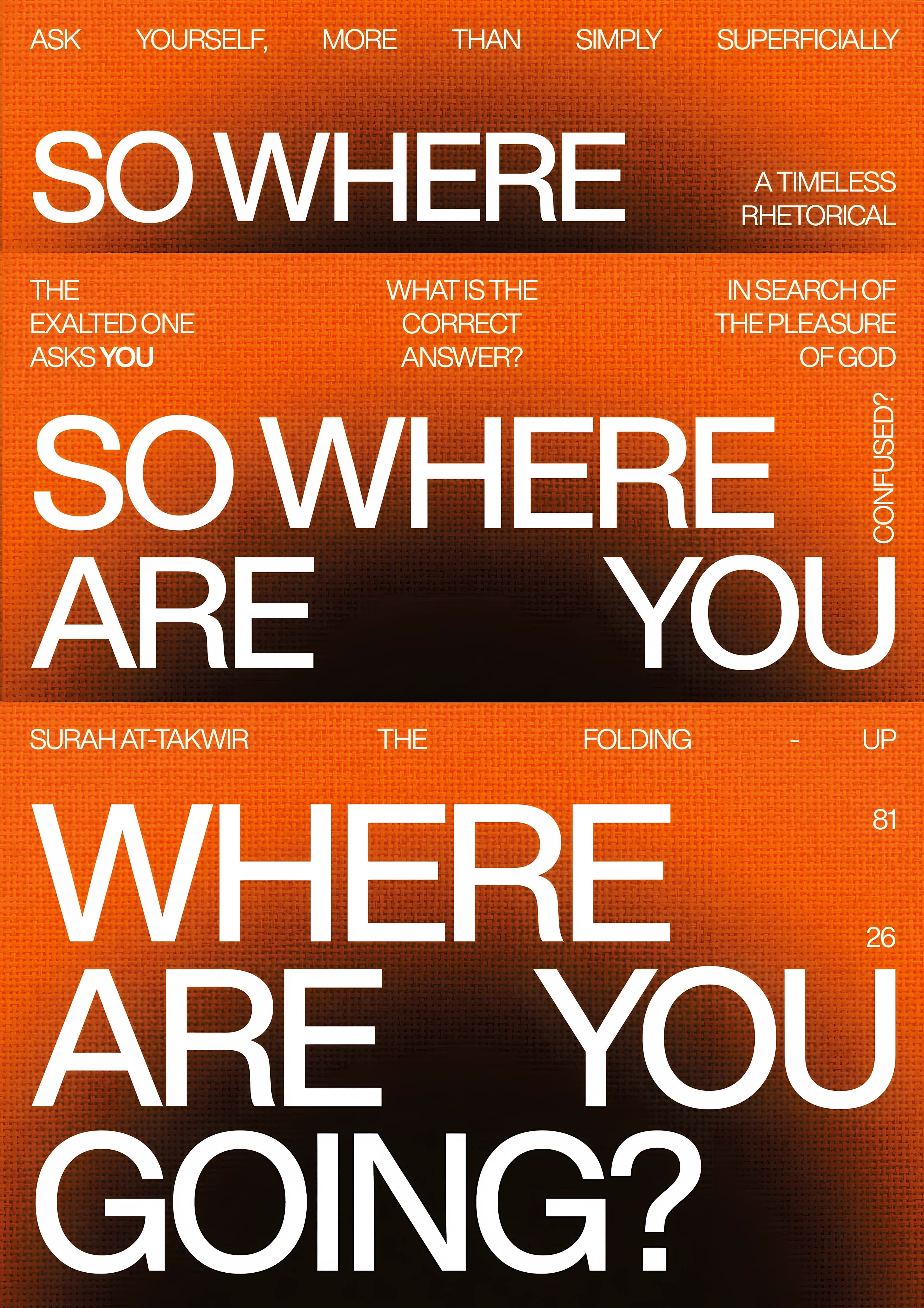 An orange and black Surah At-Takwir poster with oversized stacked white typography