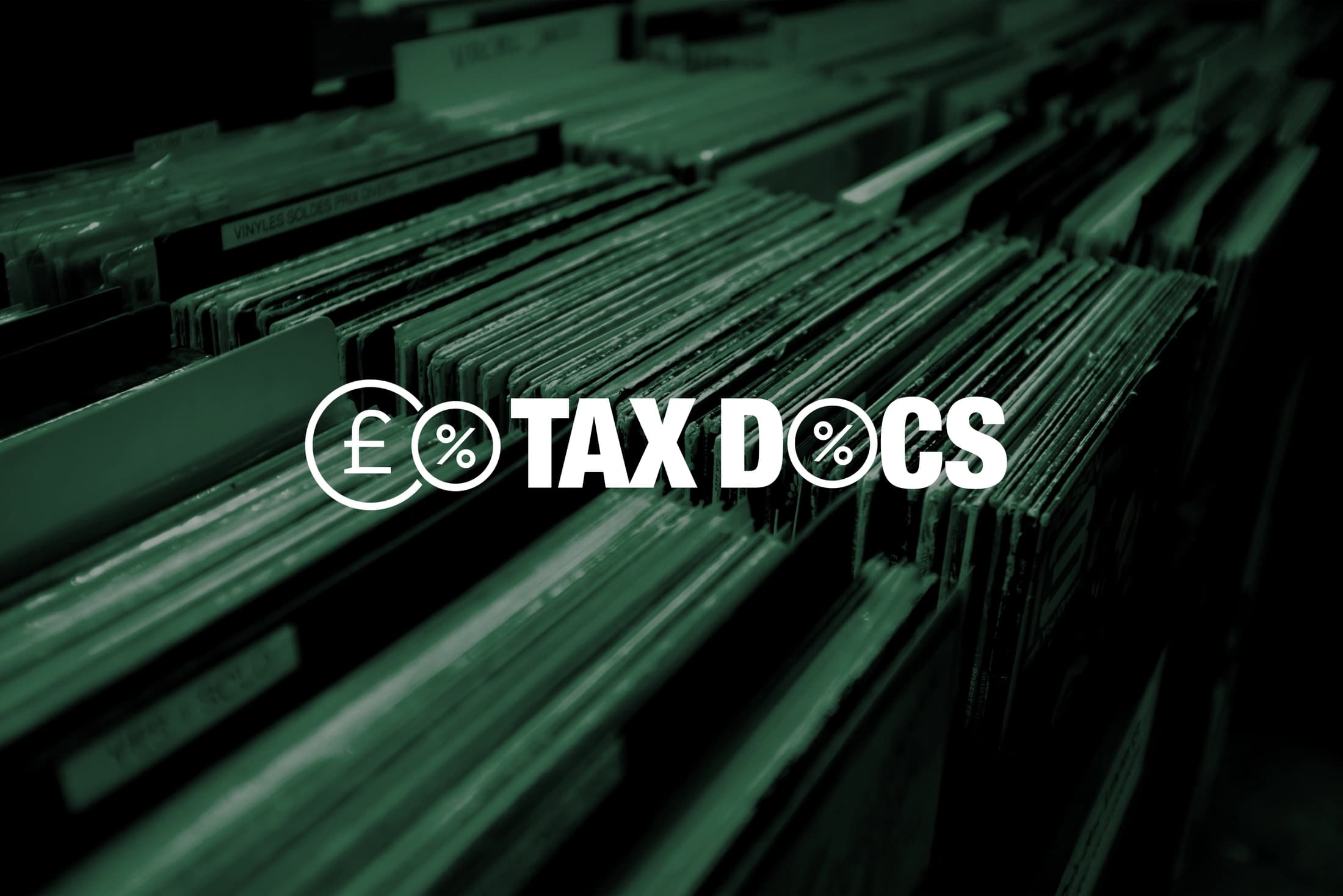 Tax Docs white wordmark and circular financial symbols over green-toned document files