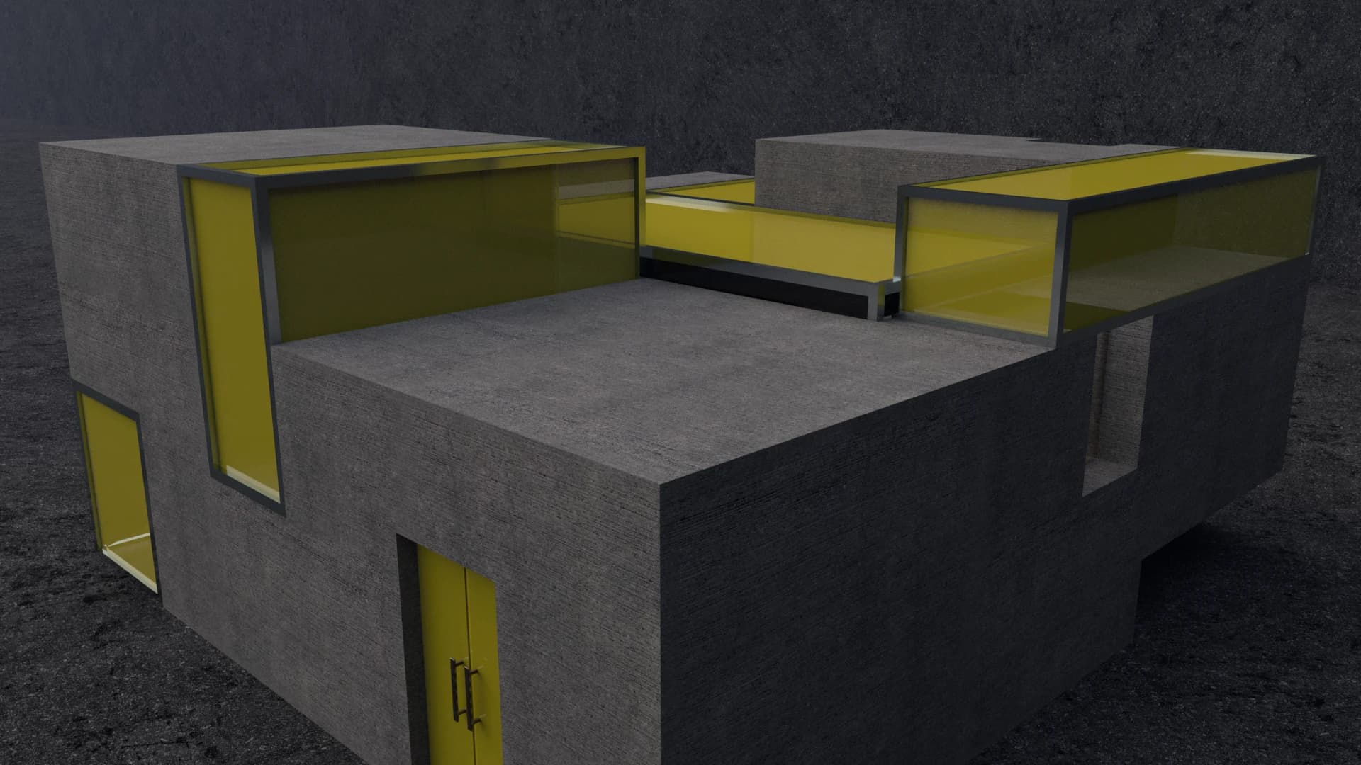 A concrete massing study cut through by recessed yellow planes
